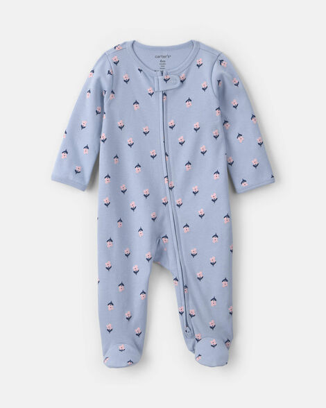 baby girl 2-way zip flower & butterfly cotton sleep & play pajamas - blue