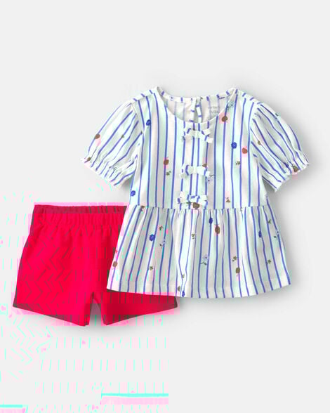 toddler girl 2-piece strawberry top & short set - blue/red