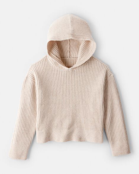 Girls Ribbed Sweater Knit Hoodie - Ivory