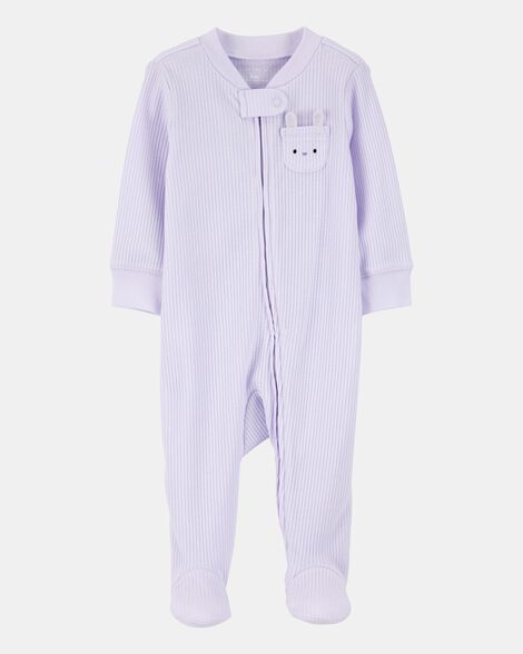 baby girl bunny 2-way zip ribbed sleep & play pajamas - purple
