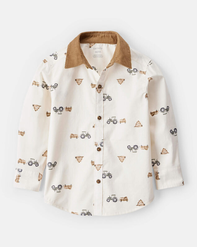 Product image 1 of Toddler Boy Tractor Print Cotton Long-Sleeve Button Down Shirt - White