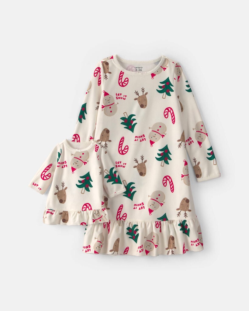 Carter's Little & Big Kid Girls Fleece Crew Neck Long Sleeve 2-pc. Nightgown, 12-14, White