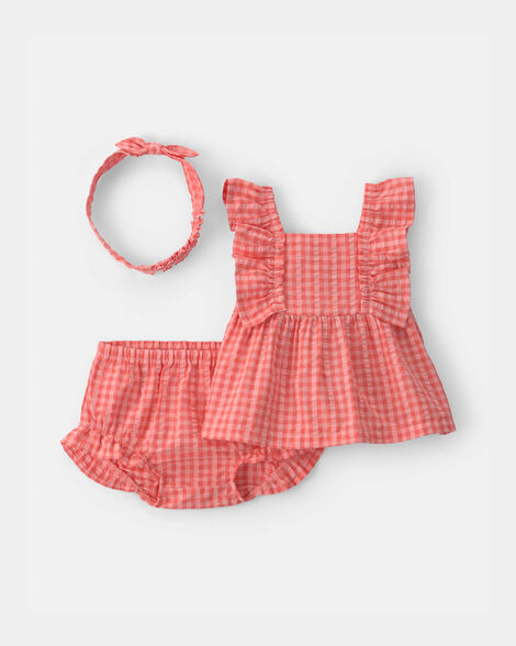 baby girl 3-piece gingham top & short set - coral