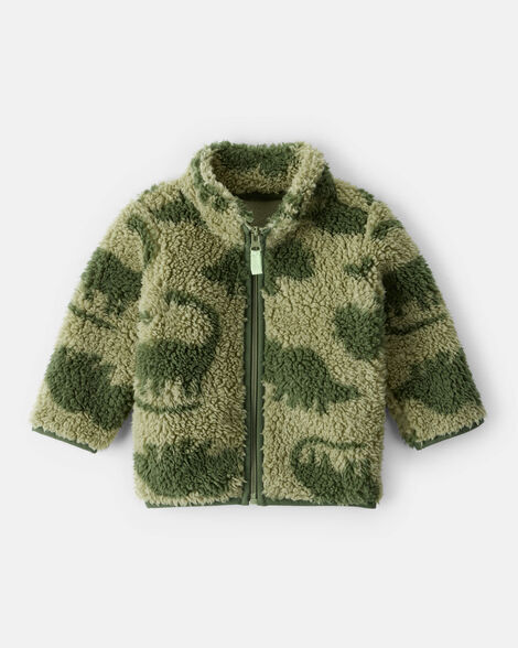 baby boy dinosaur sherpa zip-up jacket - green