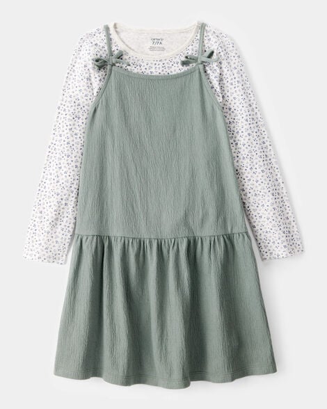 kid 2-piece floral print tee & tank dress set - green/grey