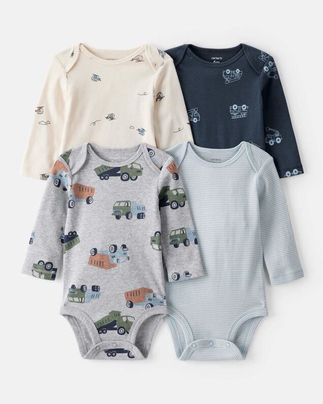 Product image 1 of Baby Boy 4-Pack Construction Print Long-Sleeve Multipack Bodysuits - White/Navy Blue
