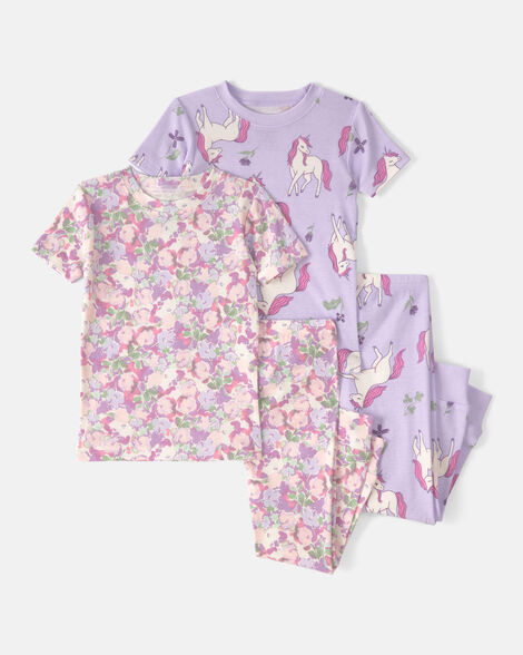 baby girl unicorn floral 100% cotton snug fit 4-piece pajama set - pink/purple