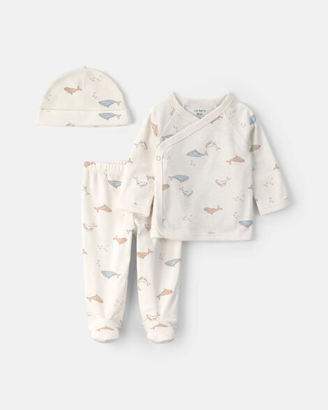 baby 3-piece whale long-sleeve top & pant set - ivory