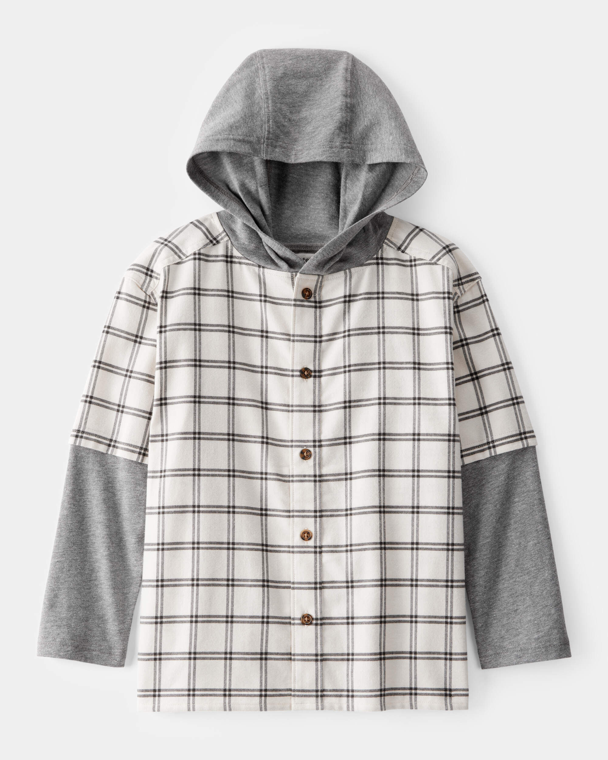 Boys Plaid Layered-Look Button-Down Hooded Tee