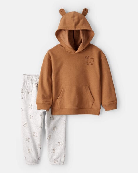 toddler boy daydream fleece bear print long-sleeve tee & pant set - brown