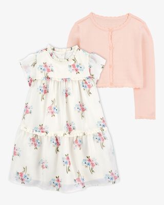 Product image 1 of Toddler 2-Piece Floral Dress & Wave Trim Cardigan Sweater Set