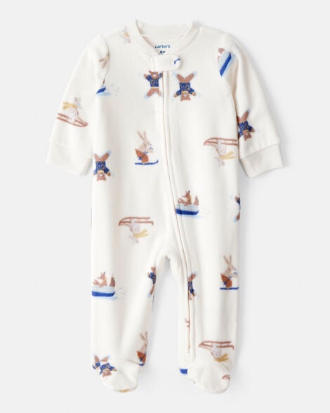 baby boy animal ski print loose fit long-sleeve sleep & play pajamas - cream