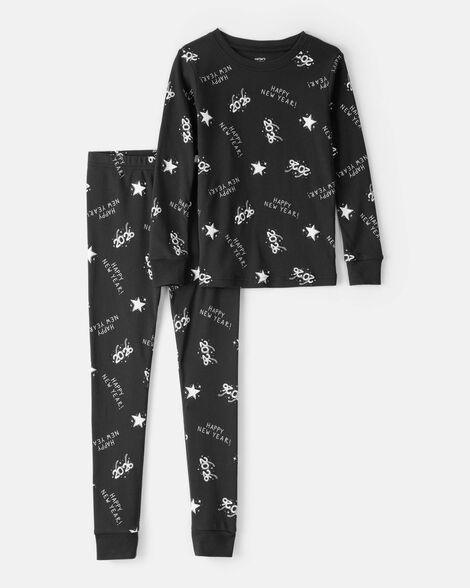 kid new years long-sleeve snug fit 2-piece pajamas - black