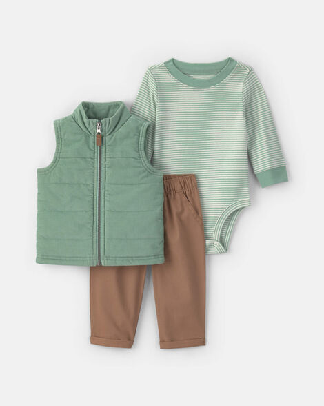 baby boy 3-piece corduroy long-sleeve layering set - green/brown