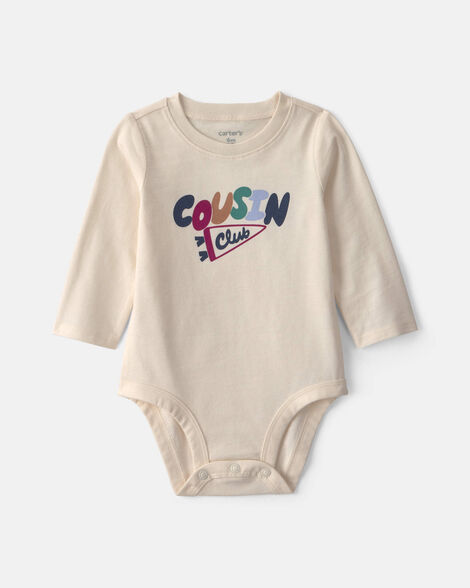 baby 'cousin club' long-sleeve graphic bodysuit - cream
