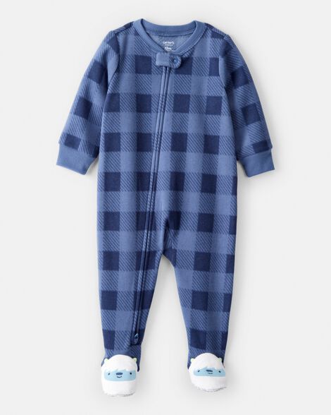 toddler boy yeti plaid fleece loose fit 1-piece pajamas - blue