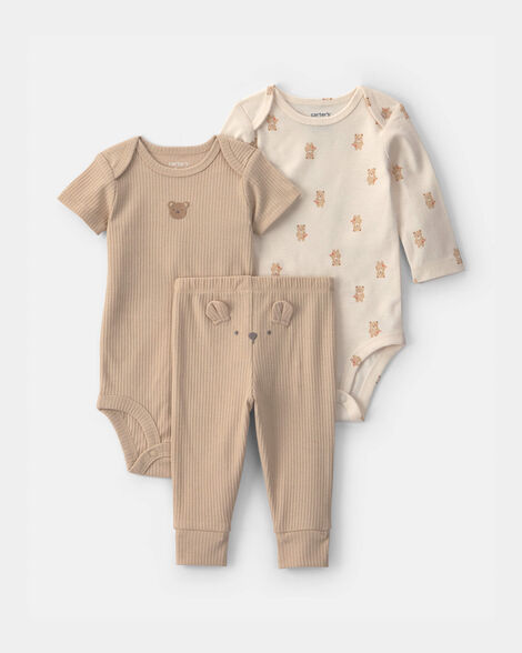 baby 3-piece bear bodysuit & pant set - brown/ivory