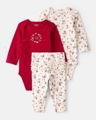 Baby Girl Bow Floral Print 100% Cotton Sleep & Play Pajamas - White/Red