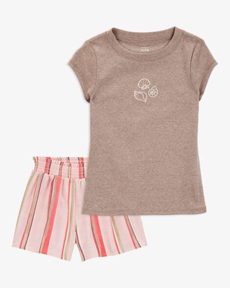 Product image 1 of Kid 2-Piece Seashell Graphic Tee & Striped Linen Look-Alike Flowy Pull-On Shorts Set
