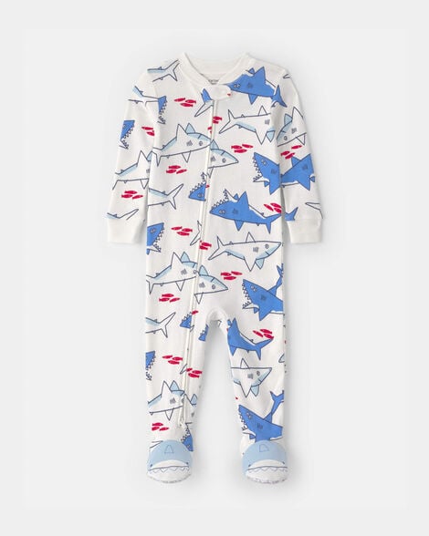 baby boy shark 100% cotton snug fit 1-piece pajama - ivory/blue