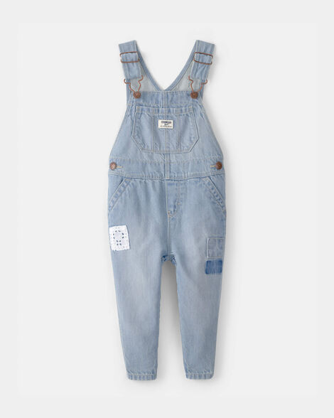 Baby Girl Denim Patch Overalls - Light Wash
