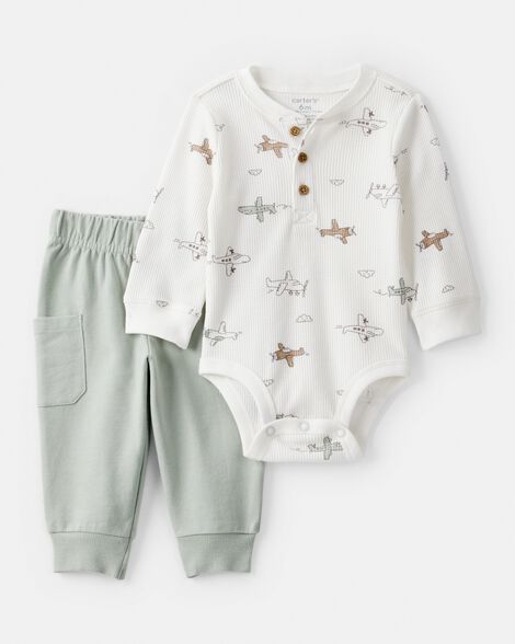 baby boy 2-piece airplane thermal bodysuit & jogger set - green/white