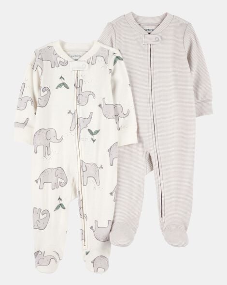 2-pack striped elephant 2-way zip cotton sleep & play pajamas - grey