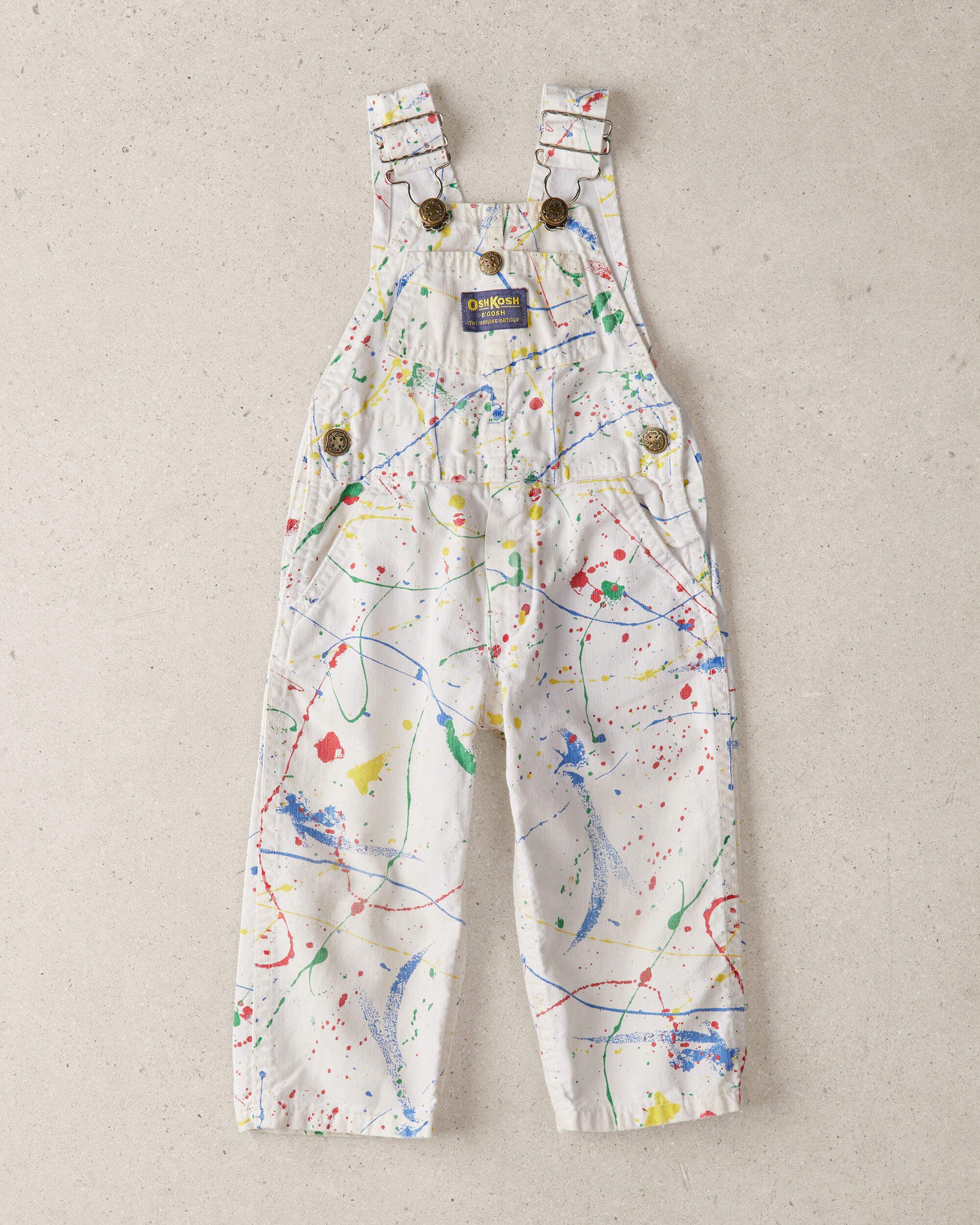 Toddler 2T Vintage Scatter Paint Print Denim Overalls from the OshKosh Archive Release, circa 1990s