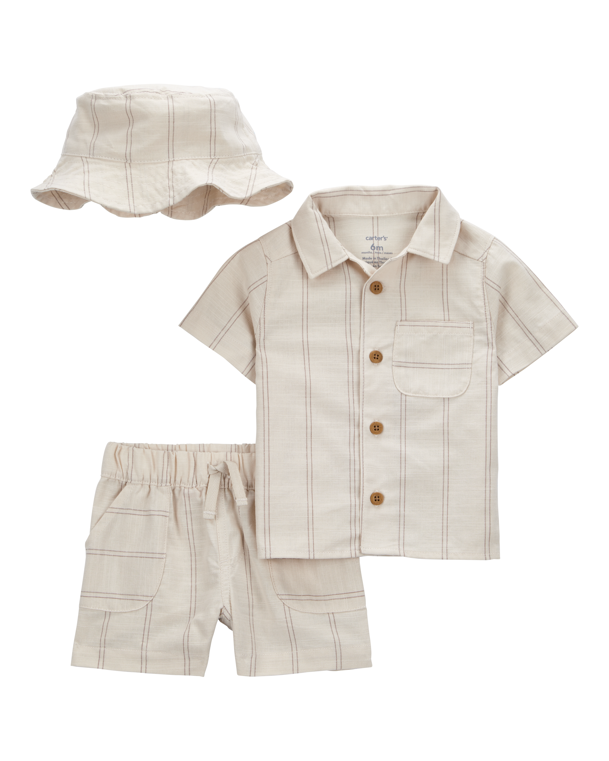 Baby Boy 3-Piece Striped Little Short & Hat Set - Khaki