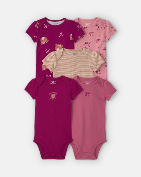 baby girl 5-pack teddy bear short-sleeve multipack bodysuits - pink/purple