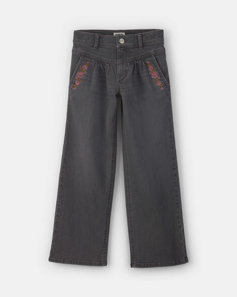 Girls Floral Denim Wide-Leg Pants - Dark Wash