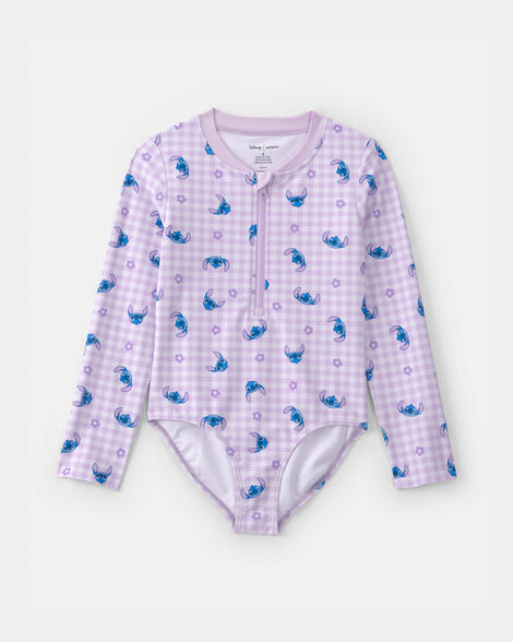 girls disney© lilo & stitch gingham 1-piece rashguard swimsuit - purple/blue