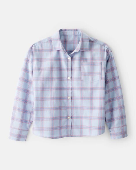 Girls Plaid Long-Sleeve Button-Down - Blue