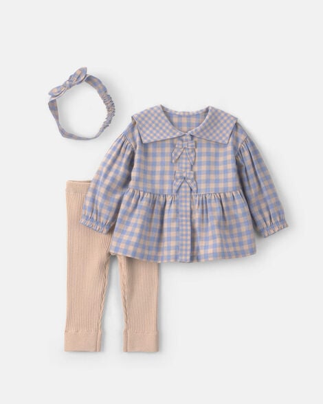 baby girl 3-piece gingham twill long-sleeve top & pant set - blue/khaki