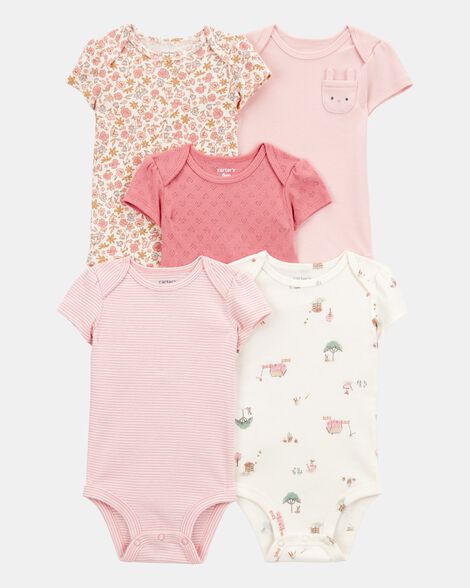 baby girl 5-pack floral bunny short-sleeve cotton bodysuits - pink