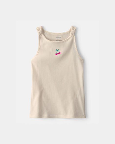 girls cherry embroidered tank top - ivory