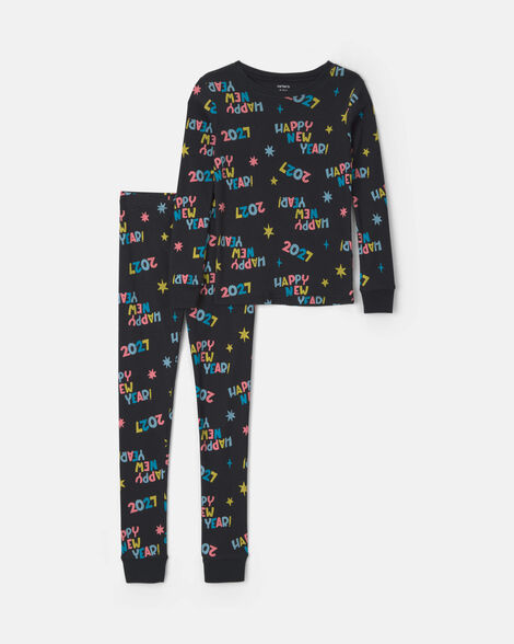 kids 'happy new year 2027' new years cotton snug fit 2-piece pajama set - black