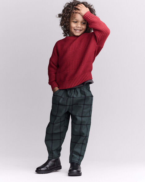 Toddler Boy Pull-On Pant in Plaid - Dark Green