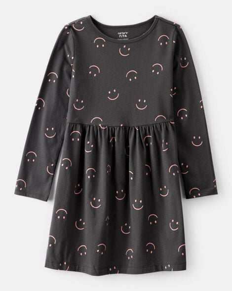 girls smile print long sleeve cotton dress - black