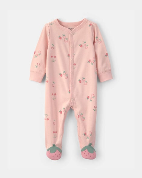 baby girl strawberry 100% cotton sleep & play pajamas - pink