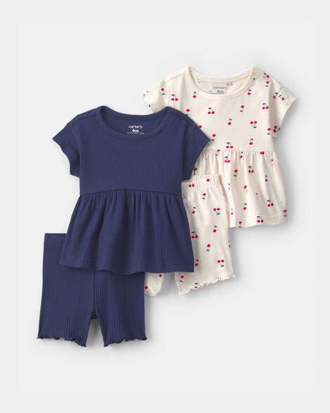 baby girl 4-piece cherry top & short set - navy blue/ivory