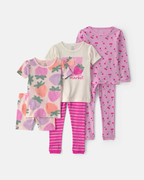 toddler girl fruit 100% cotton 6-piece pajama sets - pink/purple
