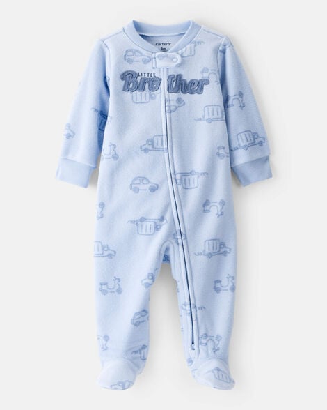 baby boy 'little brother' car print fleece sleep & play pajamas - blue