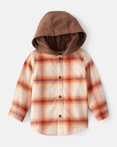 baby boy plaid cotton long-sleeve hooded button-down shirt - orange