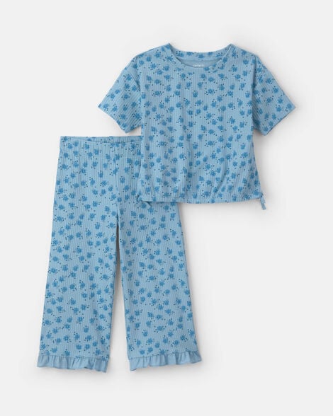 toddler girl 2-piece floral short-sleeve top & pant set - blue
