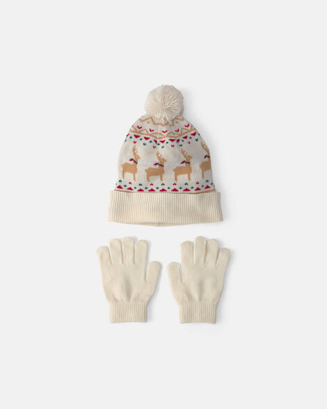 kids 2-piece fair isle christmas beanie & glove set - cream