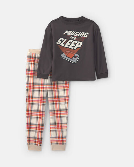 boys 2-piece plaid gamer fleece loose fit pajama set - grey/orange