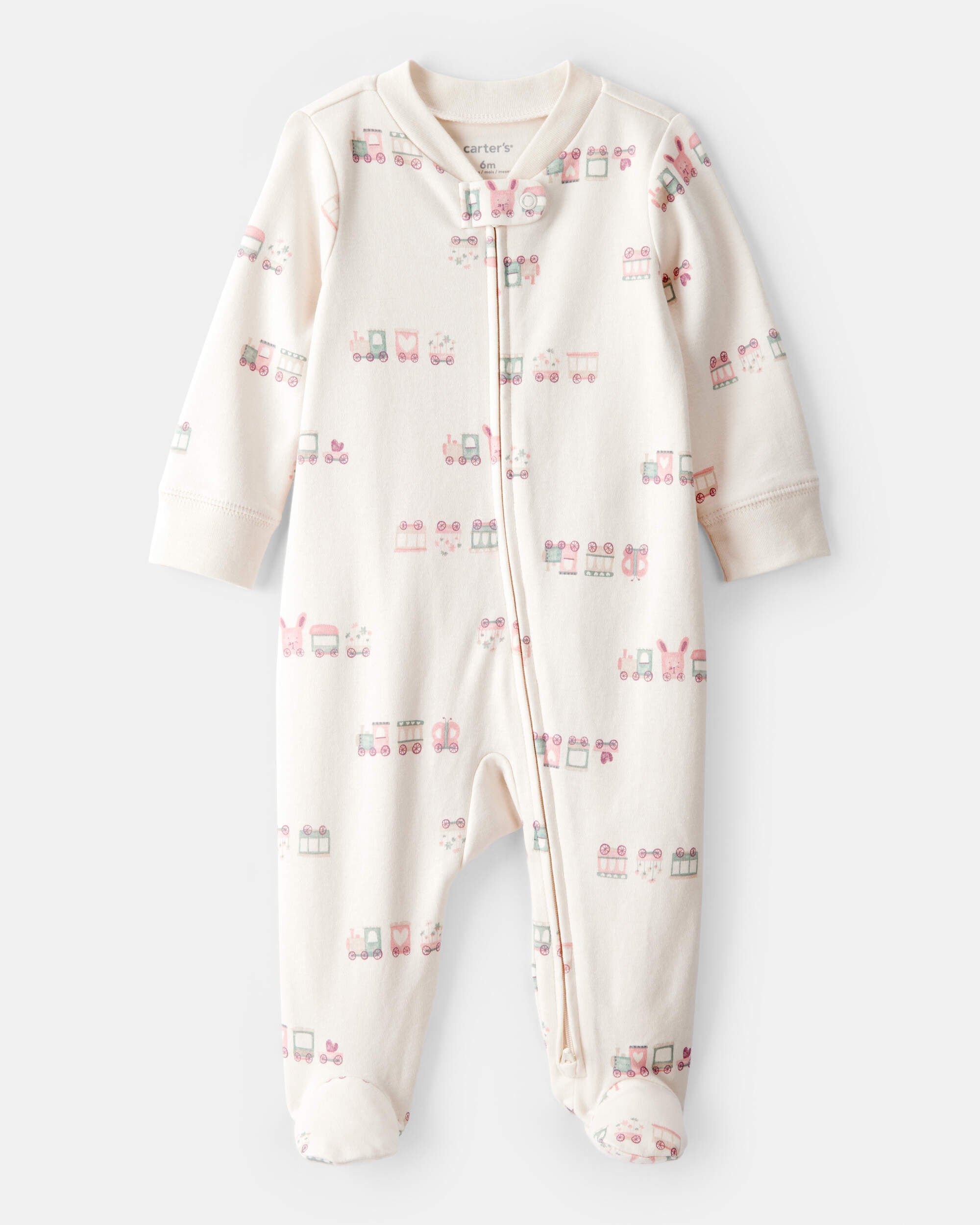 Baby Girl Train Print 100% Cotton Long-Sleeve Snug Fit Sleep & Play Pajamas - Cream