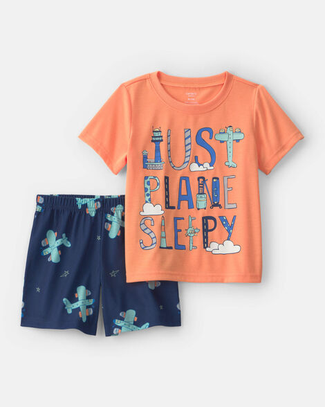toddler boy airplane  short-sleeve loose fit 2-piece pajama set - orange/blue
