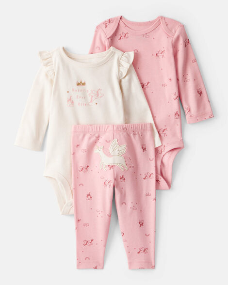 baby girl 3-piece unicorn star print cotton long-sleeve bodysuit & pant set - pink/white